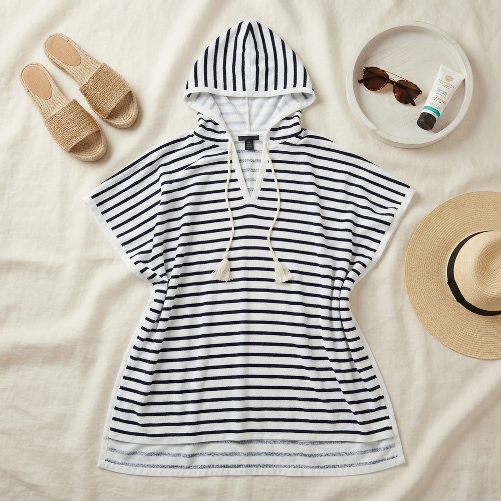 J.Crew Beach Poncho Women XS/S Navy White Striped Terry Cloth Hooded Cover-Up